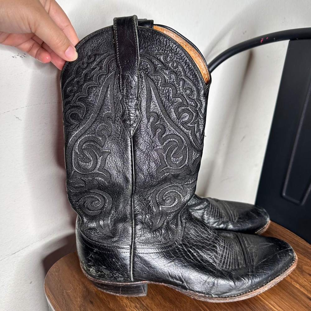 Lucchese 2000 Black Smooth Quill‎ Ostrich Western Boots Cowboy T3130R4 10 D